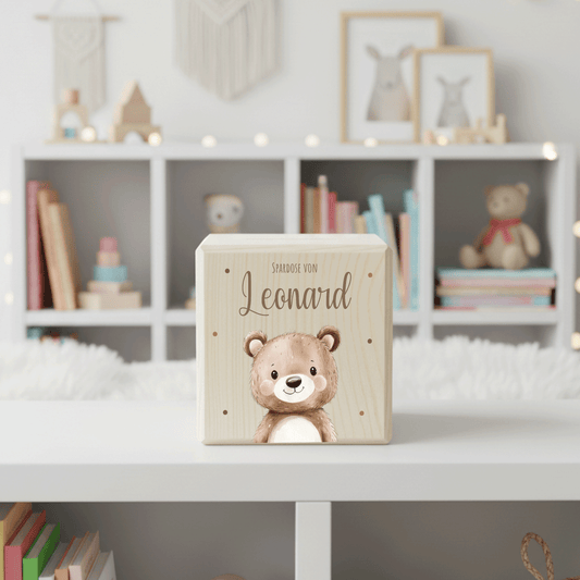 Personalisierte Spardose aus Holz - Süßer Teddy