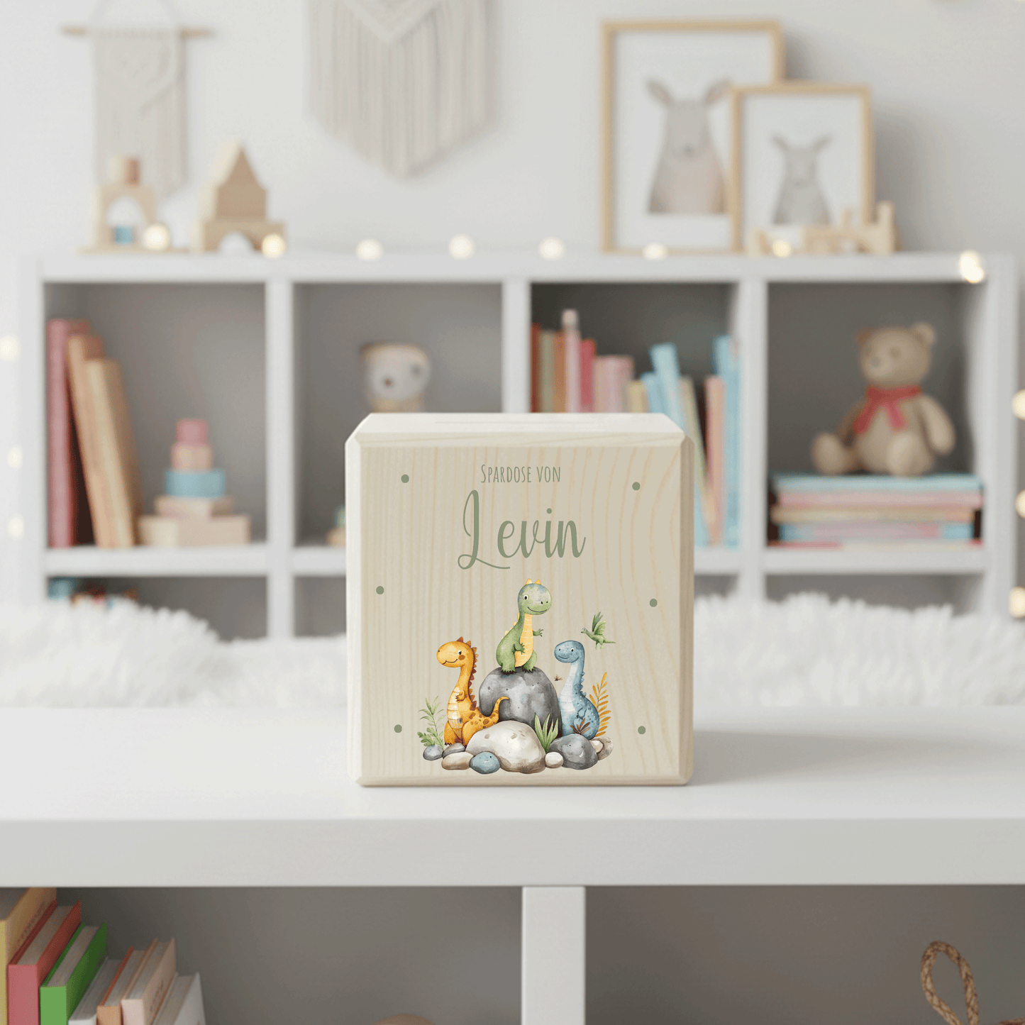 Personalisierte Spardose aus Holz - Dino Familie