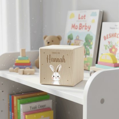 Personalisierte Spardose aus Holz - Hasenmotiv