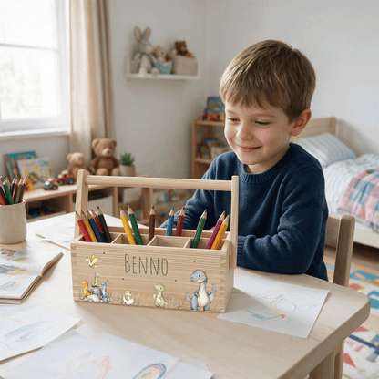 Stiftebox personalisiert - Geschenk zur Einschulung - Dinofreunde