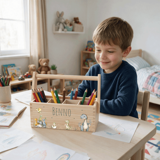Stiftebox personalisiert - Geschenk zur Einschulung - Dinofreunde