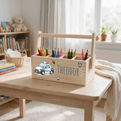 Stiftebox personalisiert - Geschenk zur Einschulung - Polizeiauto