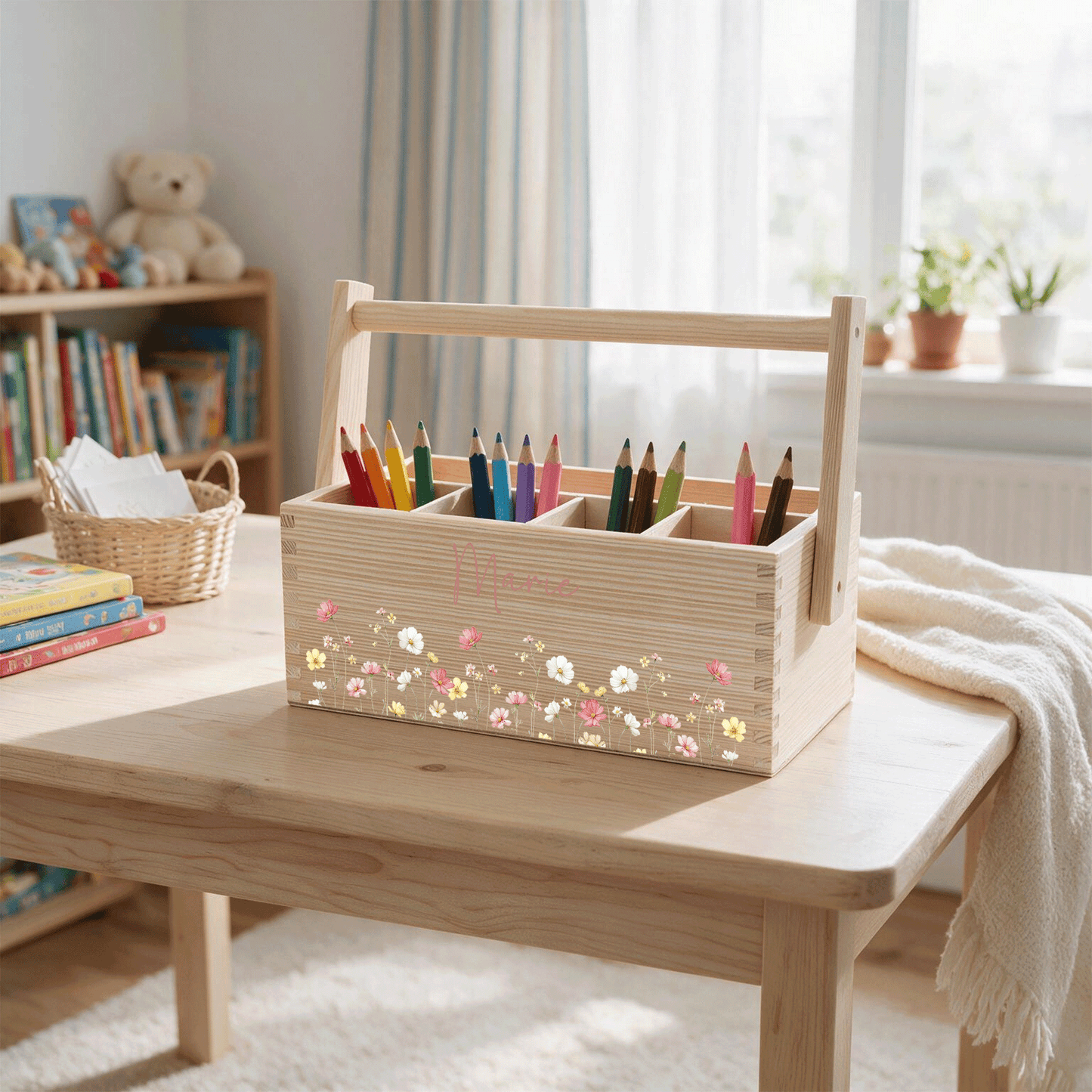 Stiftebox personalisiert - Geschenk zur Einschulung - Rosa Wildblumen