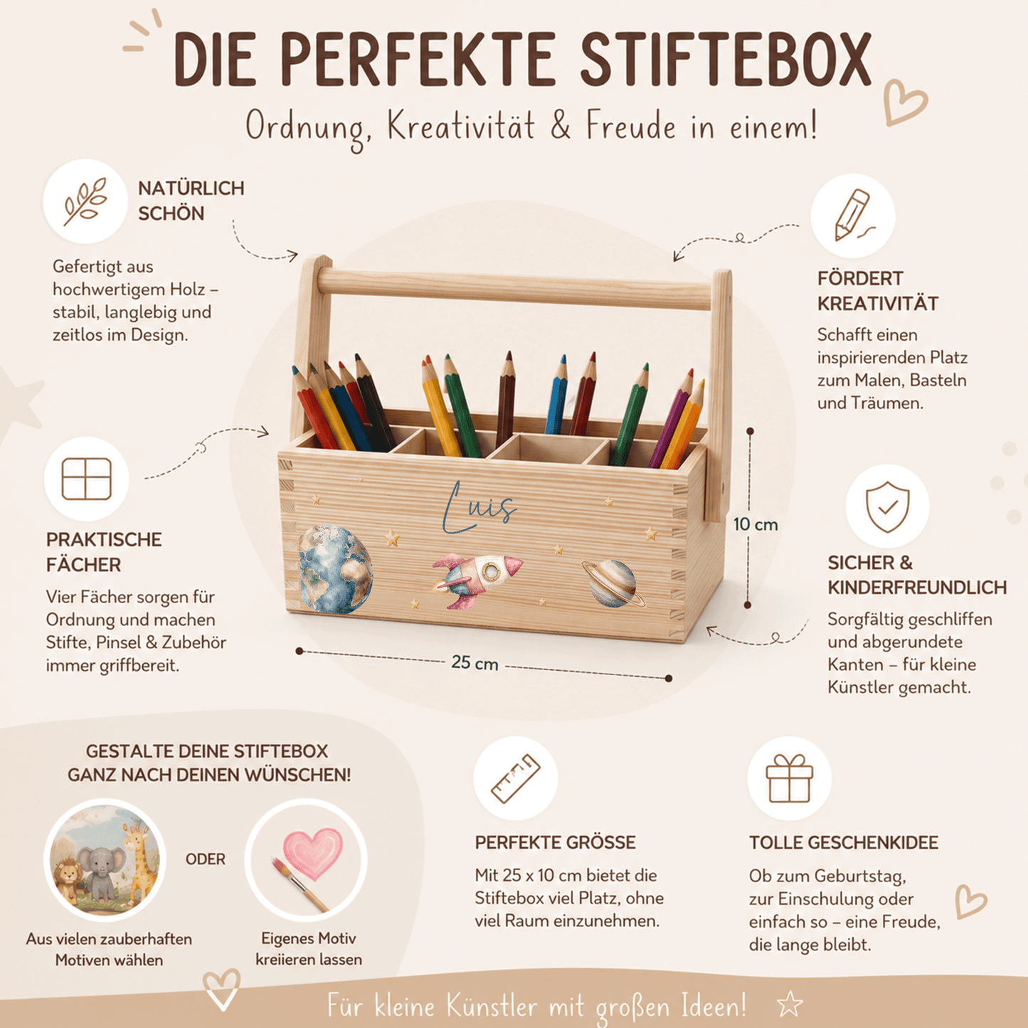 Stiftebox personalisiert - Geschenk zur Einschulung - Weltraum Astronaut