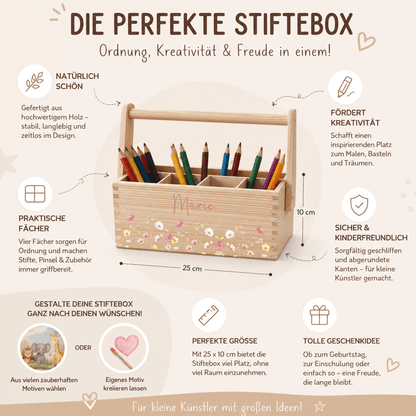 Stiftebox personalisiert - Geschenk zur Einschulung - Rosa Wildblumen