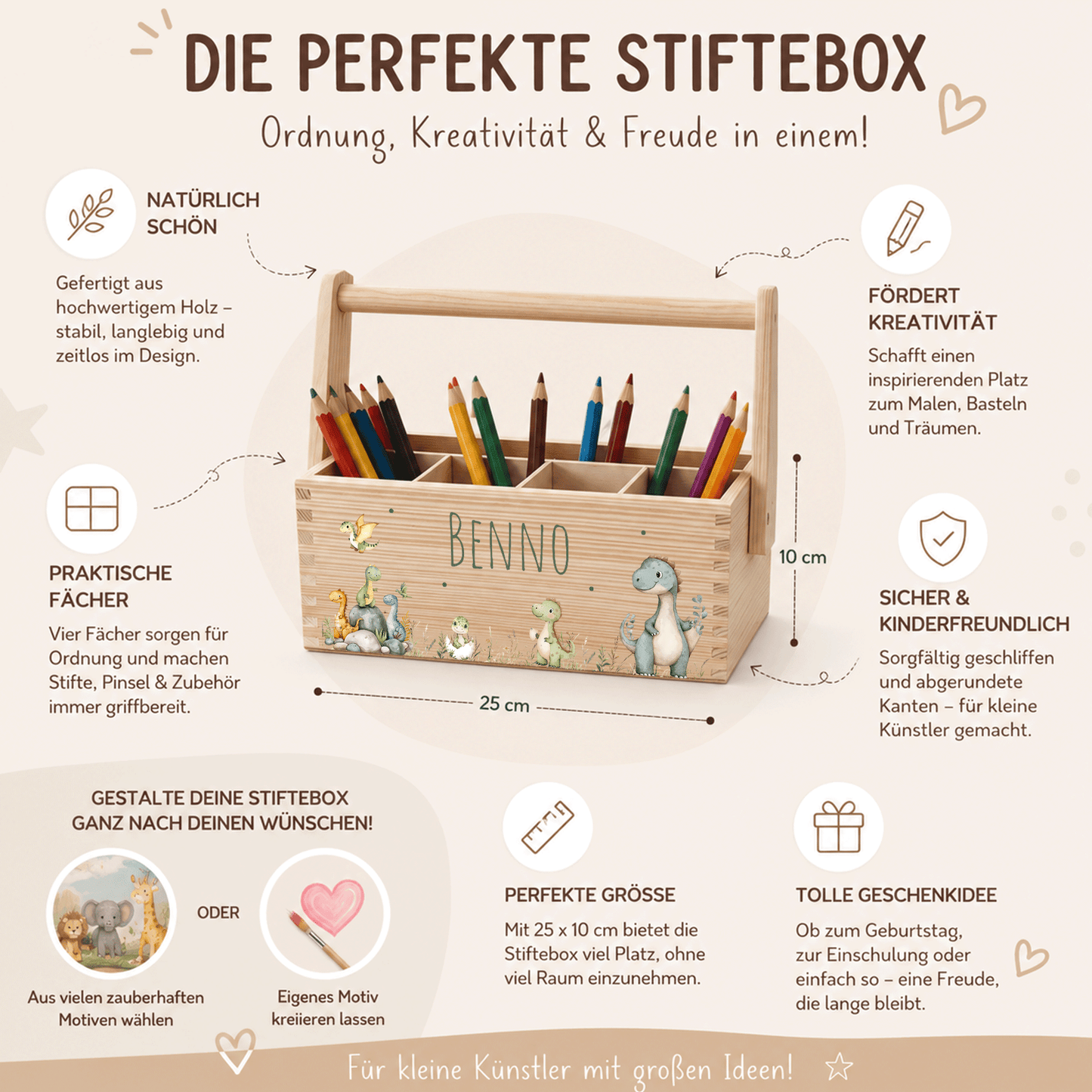 Stiftebox personalisiert - Geschenk zur Einschulung - Dinofreunde