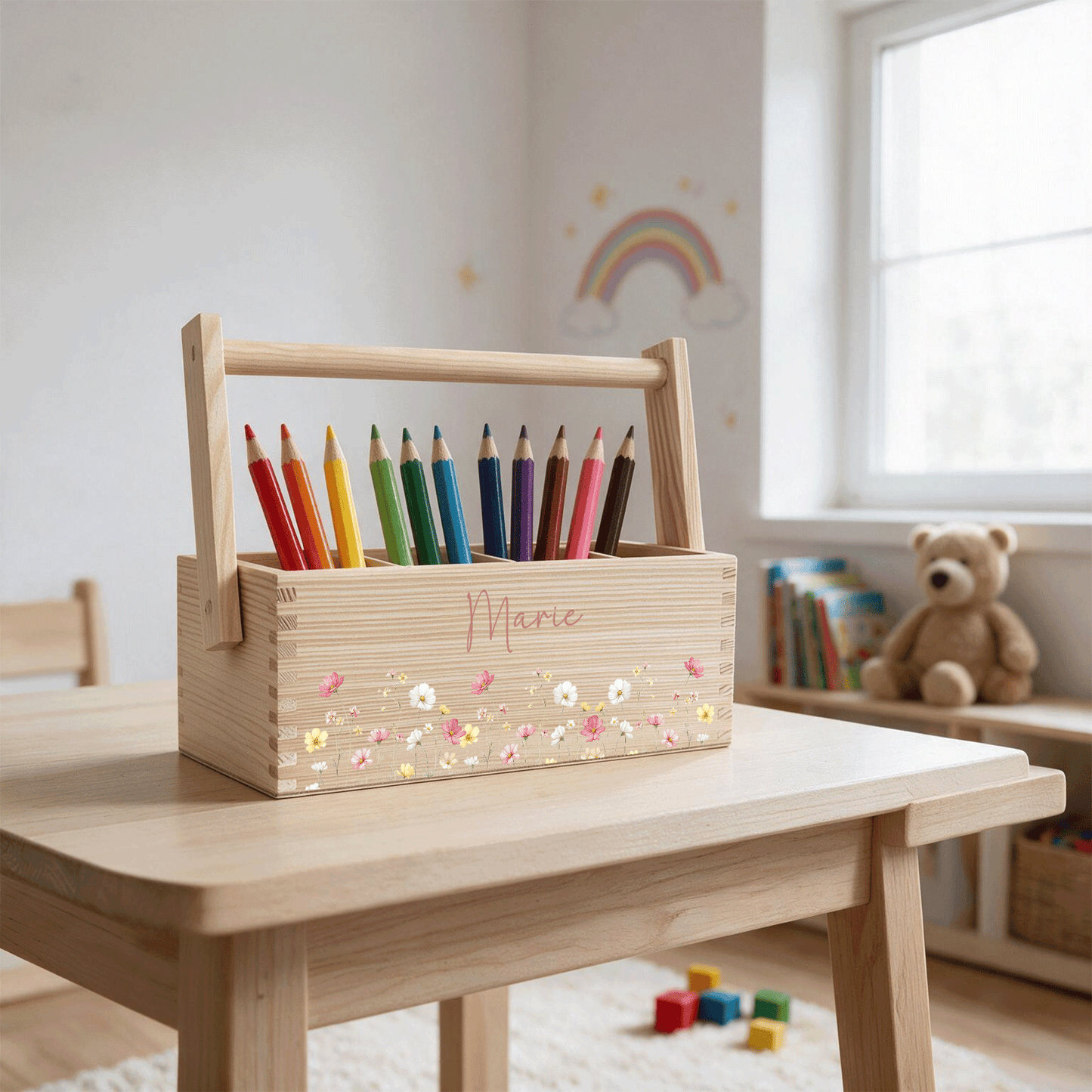 Stiftebox personalisiert - Geschenk zur Einschulung - Rosa Wildblumen