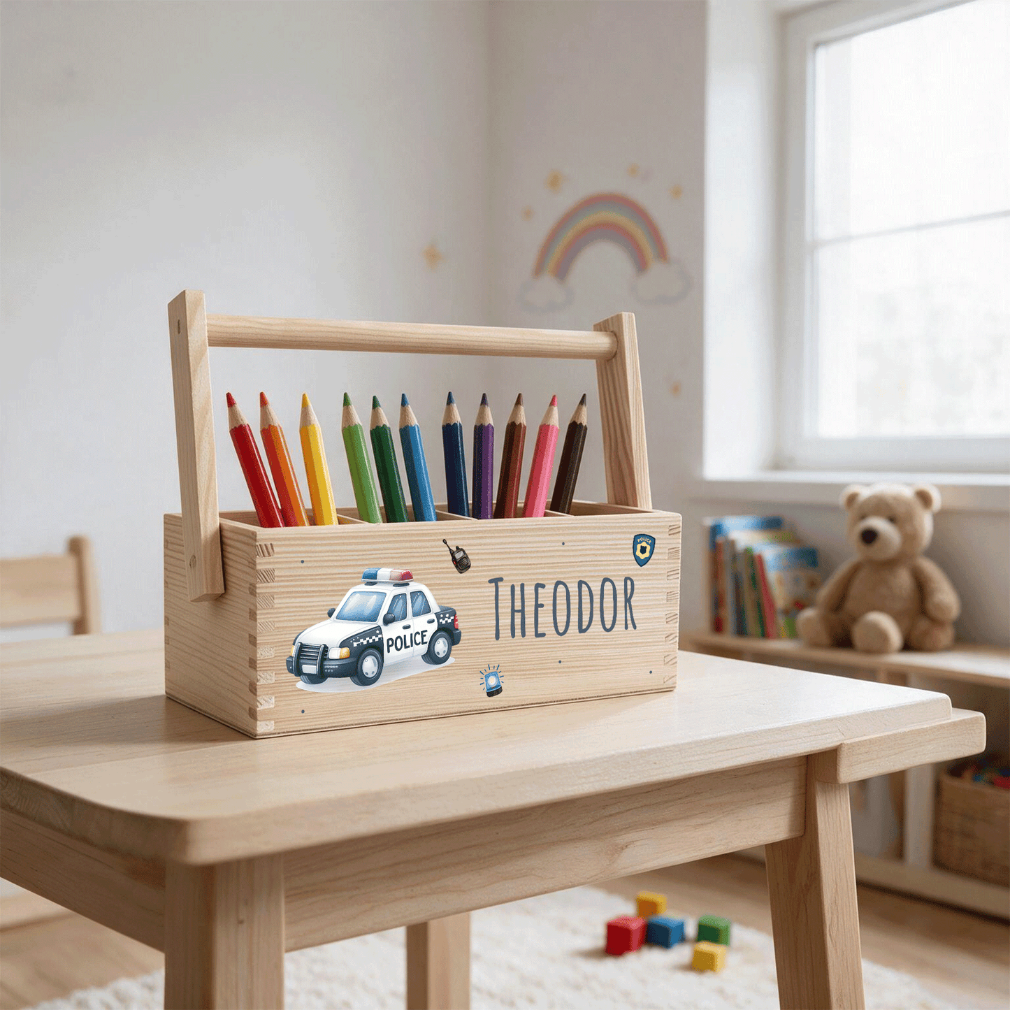 Stiftebox personalisiert - Geschenk zur Einschulung - Polizeiauto