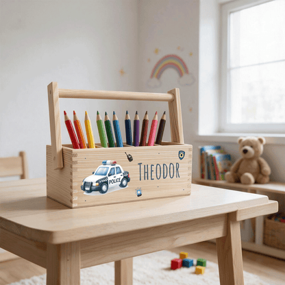 Stiftebox personalisiert - Geschenk zur Einschulung - Polizeiauto