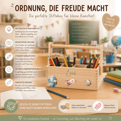Stiftebox personalisiert - Geschenk zur Einschulung - Weltraum Astronaut