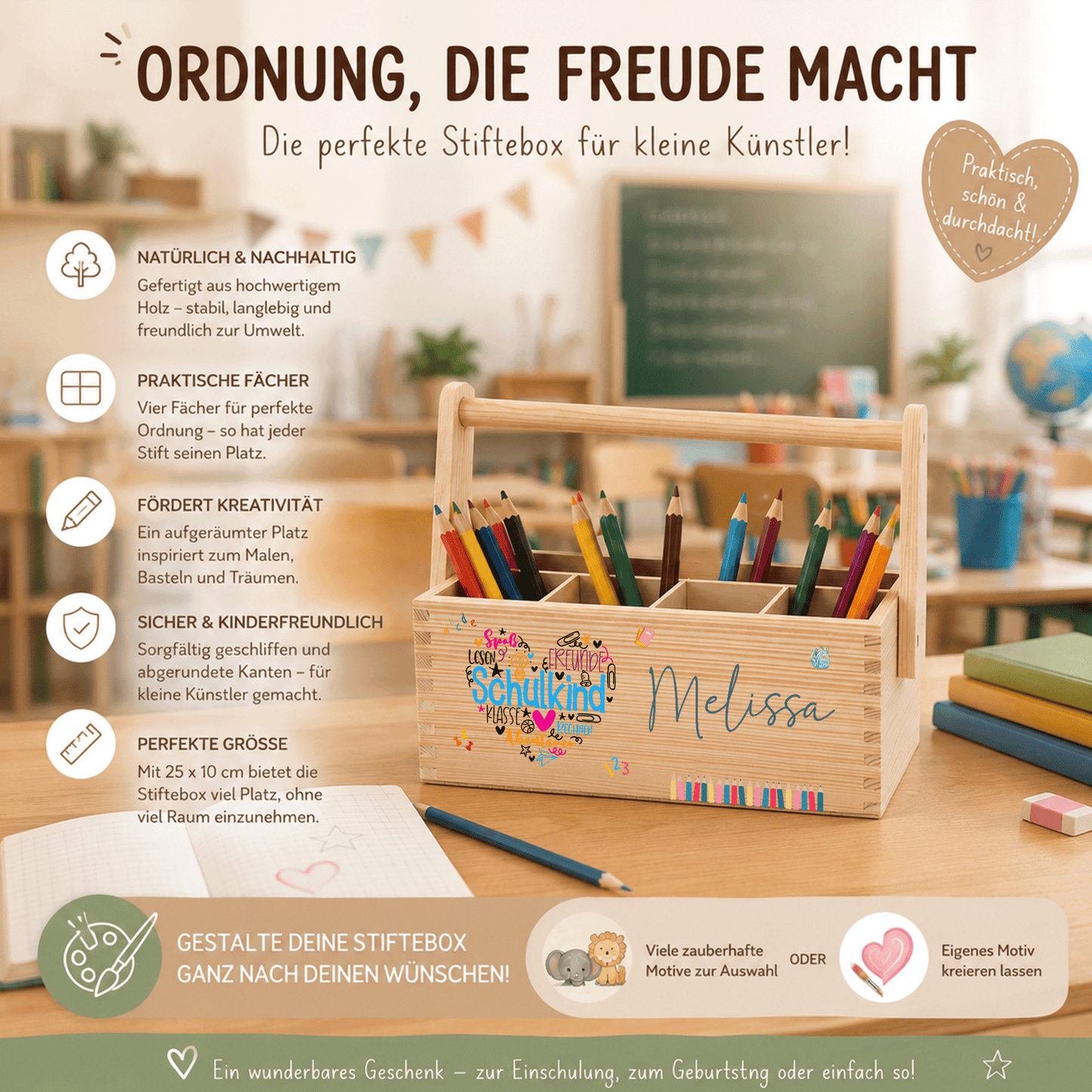 Stiftebox personalisiert - Geschenk zur Einschulung - Schulkind Herz