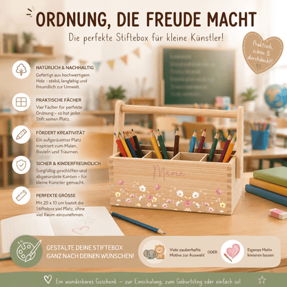 Stiftebox personalisiert - Geschenk zur Einschulung - Rosa Wildblumen