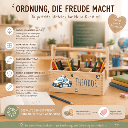 Stiftebox personalisiert - Geschenk zur Einschulung - Polizeiauto
