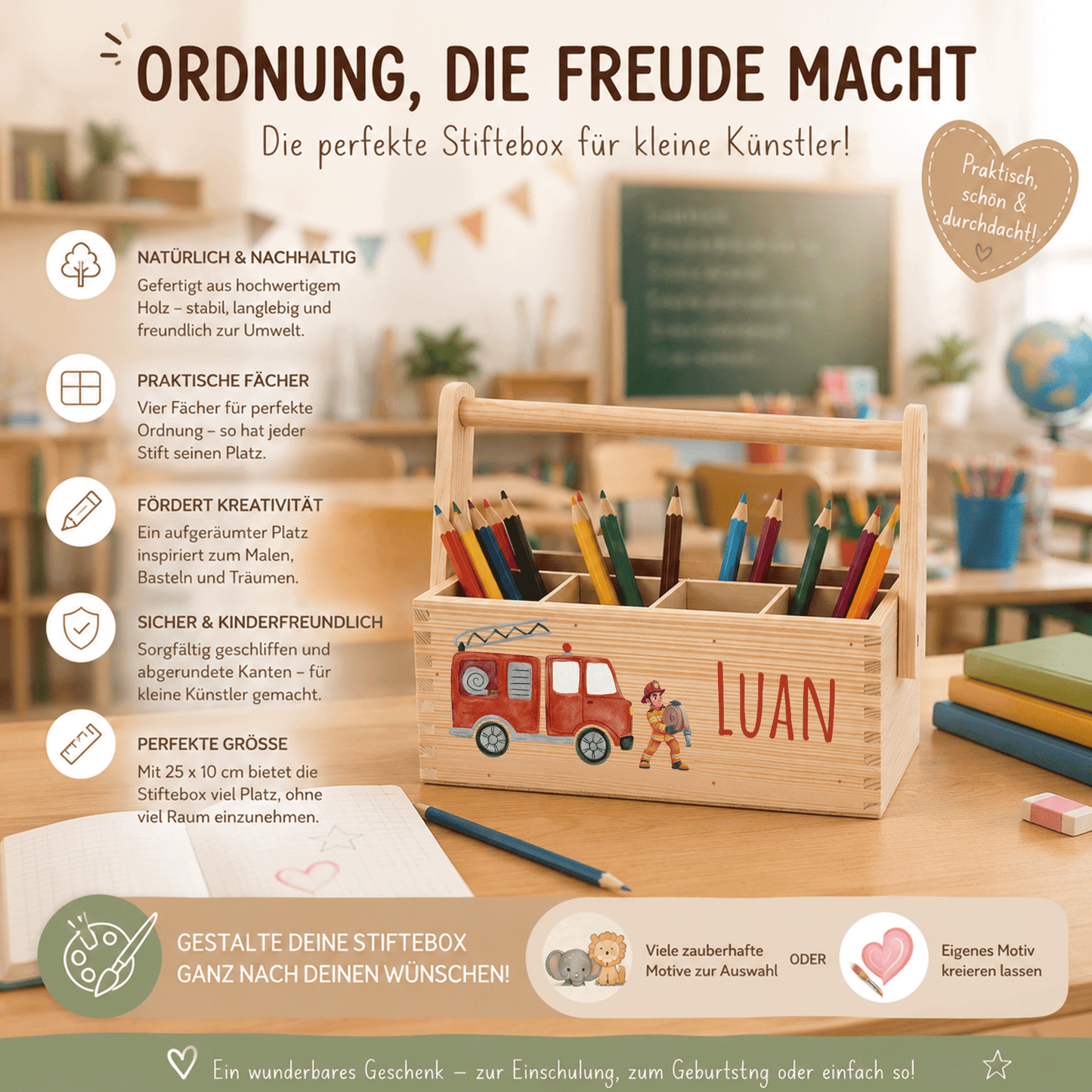 Stiftebox personalisiert - Geschenk zur Einschulung - Feuerwehrmann