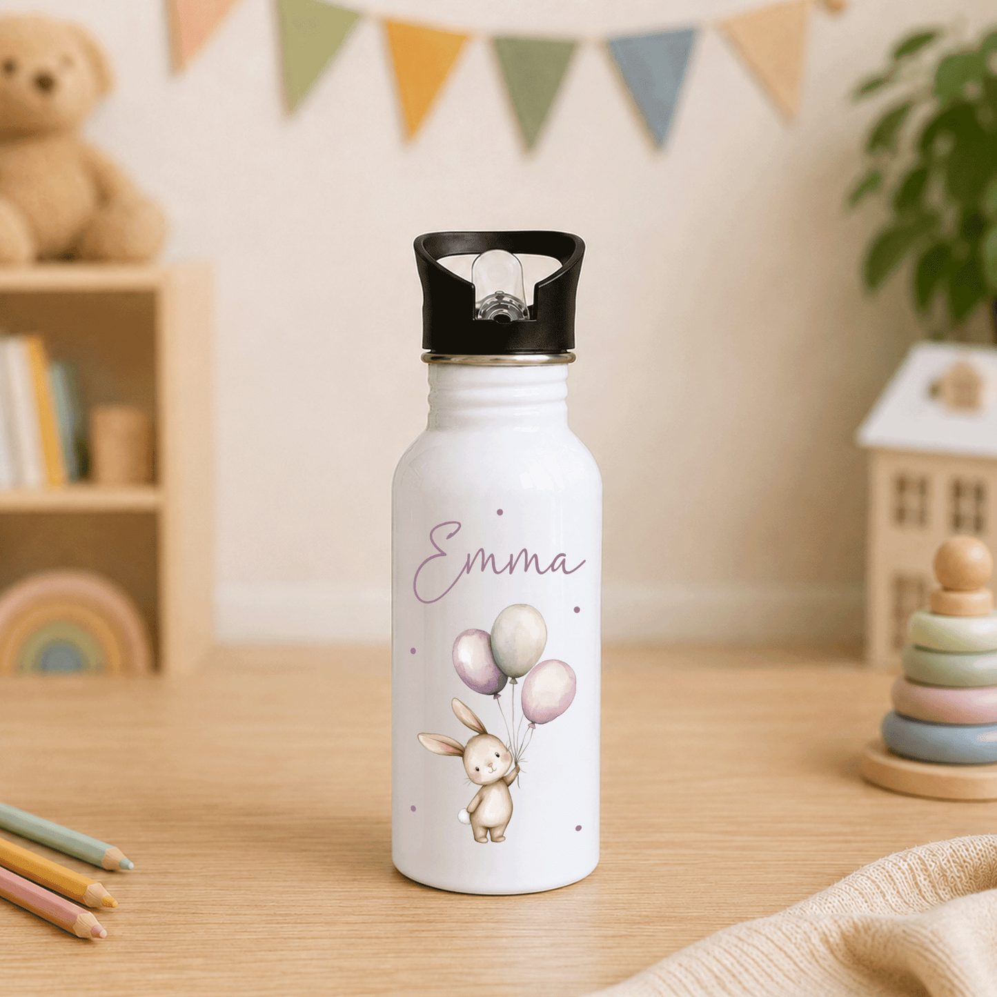 Trinkflasche personalisiert - Hase & Luftballons