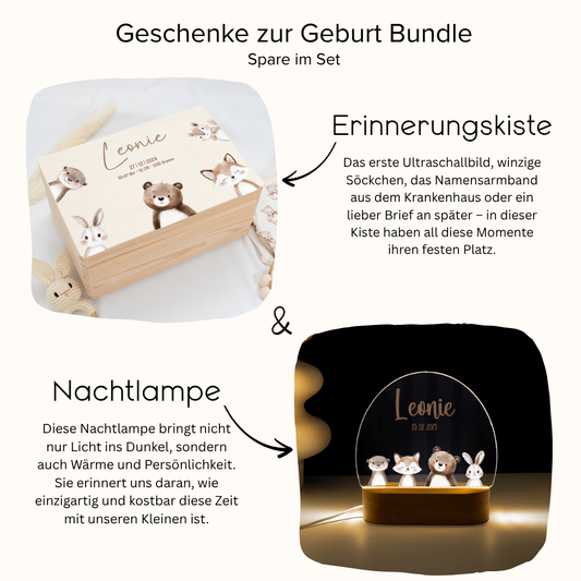 Geschenkset zur Geburt - Personalisierte Erinnerungskiste & Nachtlampe