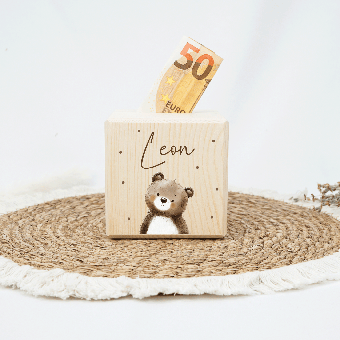 Personalisierte Spardose aus Holz - Niedlicher Teddy