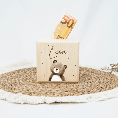 Personalisierte Spardose aus Holz - Niedlicher Teddy