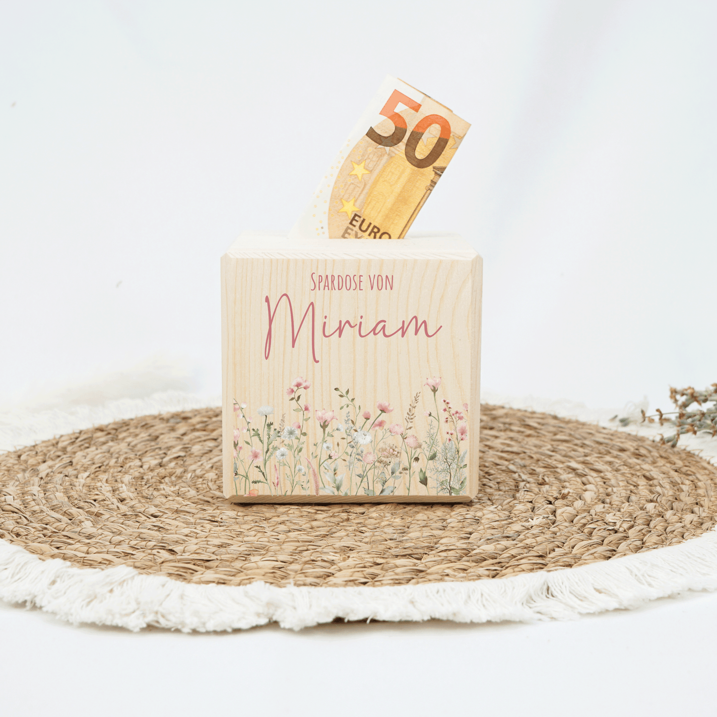 Personalisierte Spardose aus Holz - Blumenmotiv Rosa
