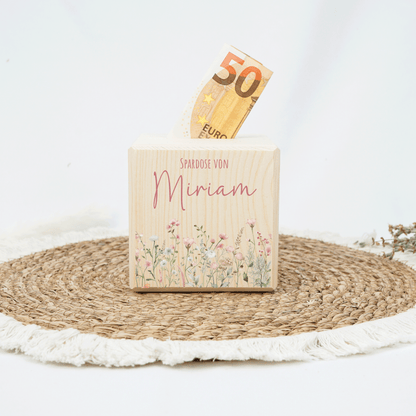 Personalisierte Spardose aus Holz - Blumenmotiv Rosa