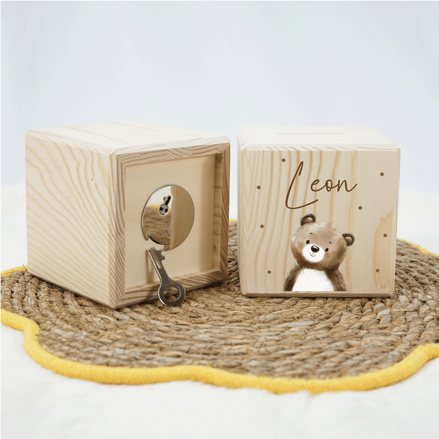 Personalisierte Spardose aus Holz - Niedlicher Teddy