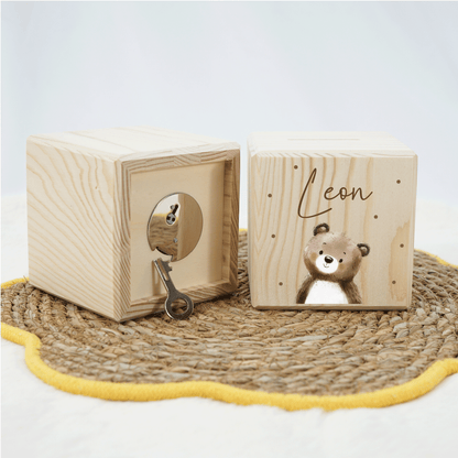 Personalisierte Spardose aus Holz - Niedlicher Teddy