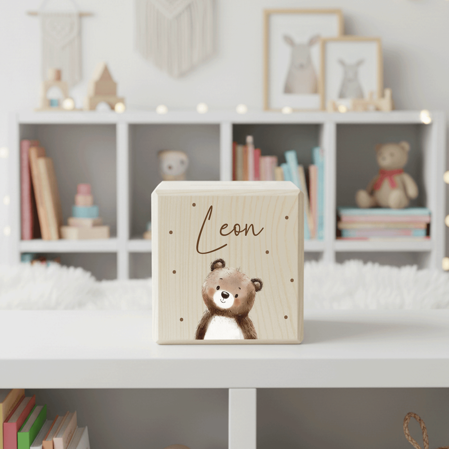 Personalisierte Spardose aus Holz - Niedlicher Teddy