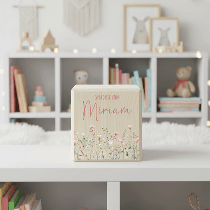 Personalisierte Spardose aus Holz - Blumenmotiv Rosa