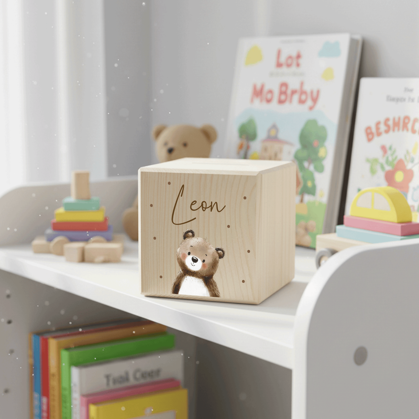 Personalisierte Spardose aus Holz - Niedlicher Teddy
